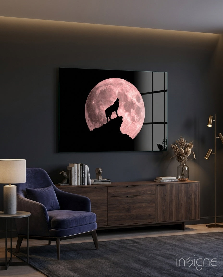 Wolf and full moon glass wall art print