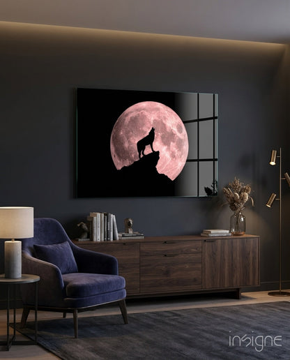Wolf and full moon glass wall art print