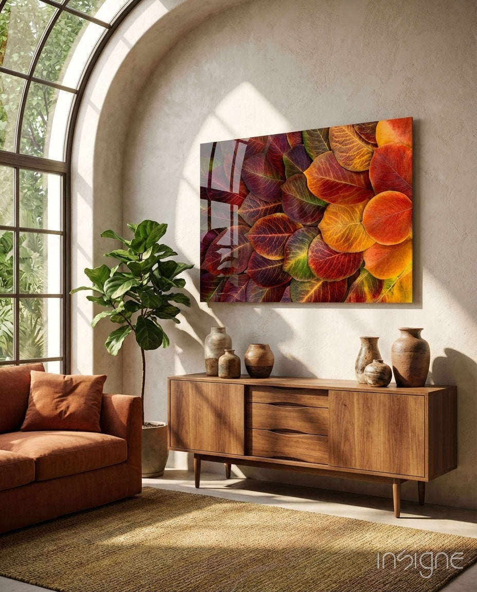 Orange autumn leaves glass wall art