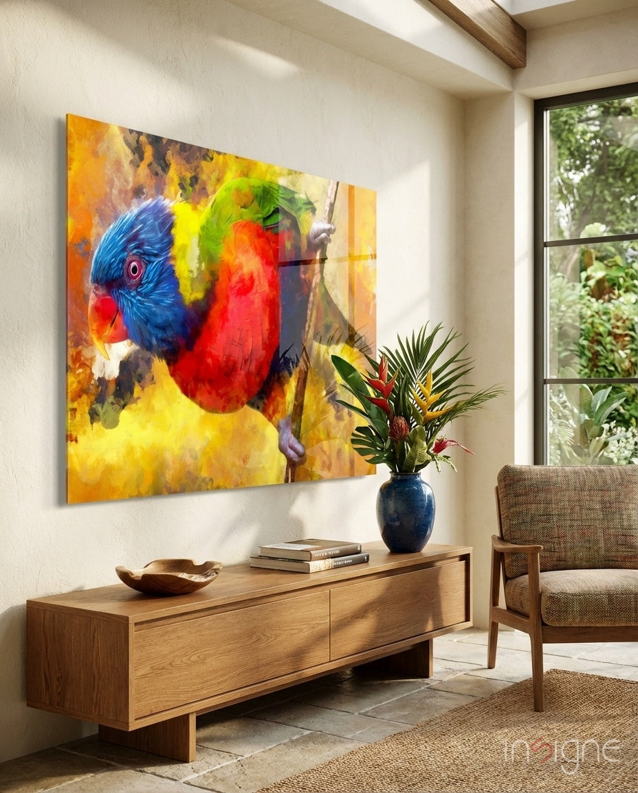 Rainbow lorikeet parrot glass wall art