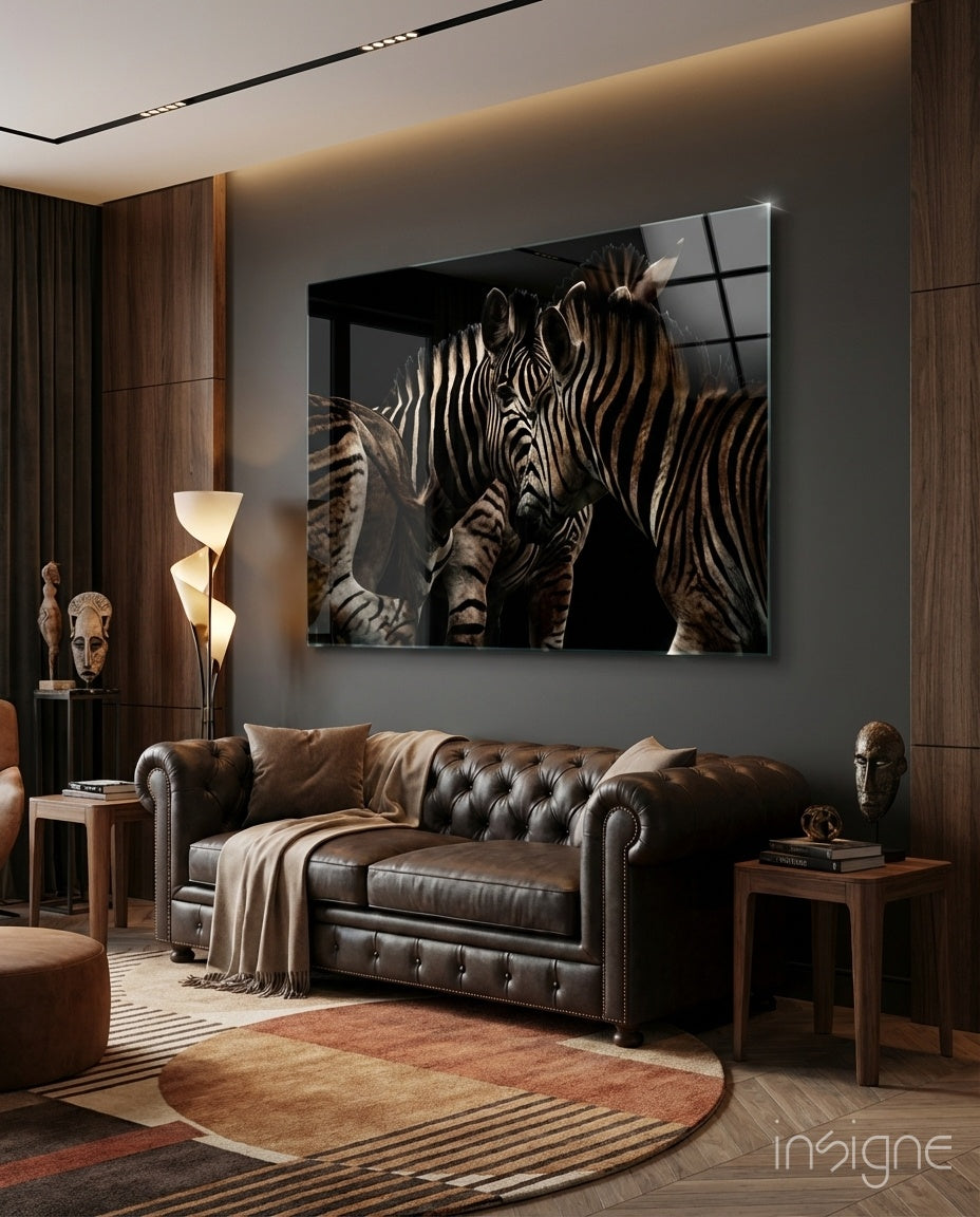 Two zebras in warm sepia against shadow, glass wall art