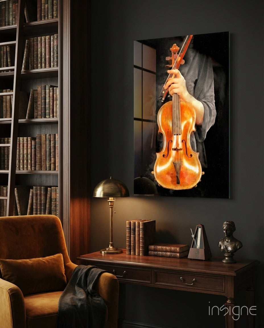 Violin classical still life glass wall art