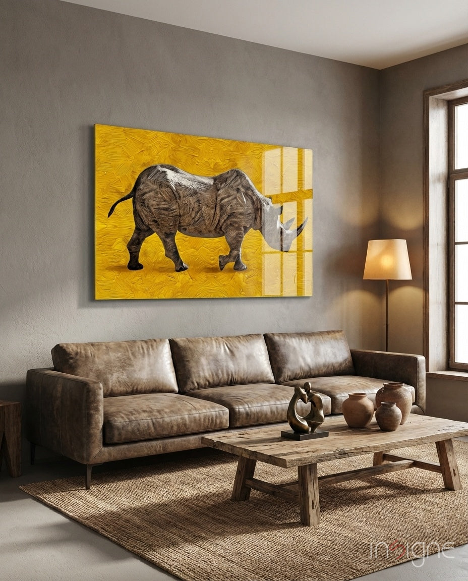 Golden Yellow Rhino glass wall art pop-illustration print