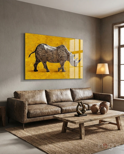Golden Yellow Rhino glass wall art pop-illustration print