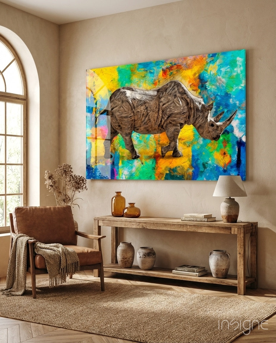 Colorful Abstract Rhino pop art glass wall art