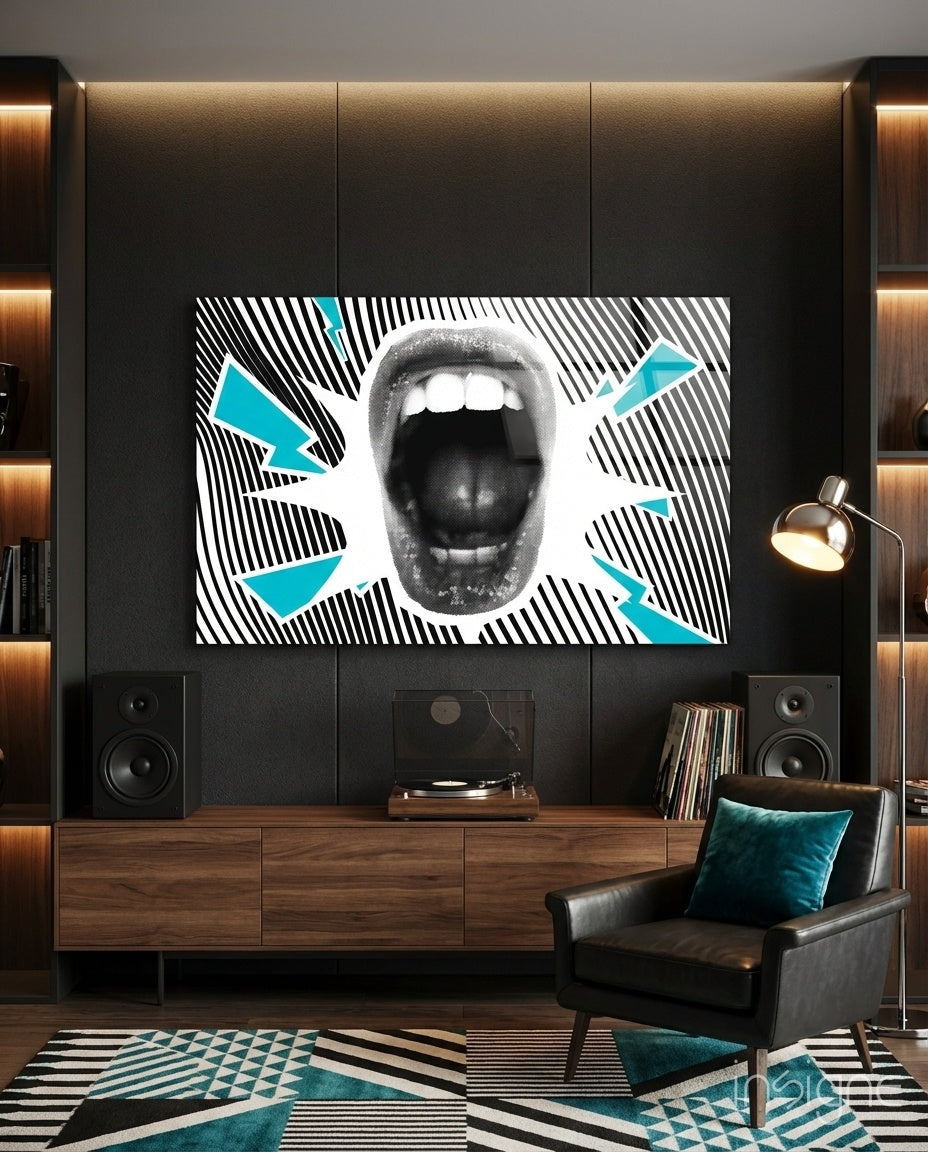 Shouting mouth halftone pop art glass wall art