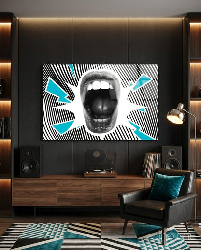 Shouting mouth halftone pop art glass wall art