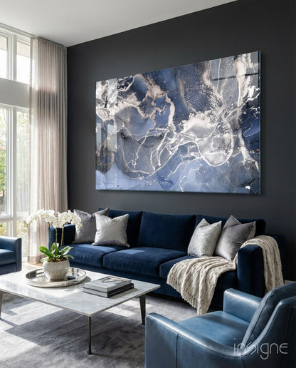 Sapphire Marble Alcohol Ink Glass Wall Art in cobalt and silver tones