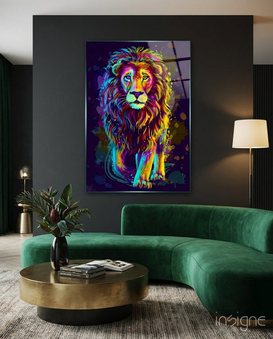 Neon splash lion glass wall art magenta cyan paint tempered glass