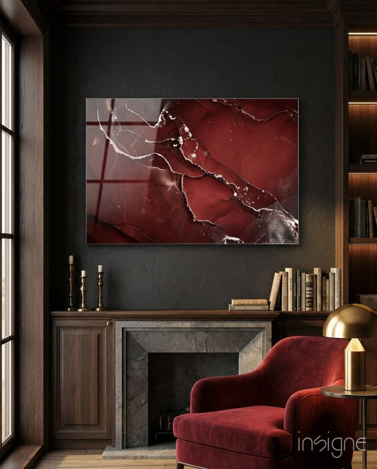 Crimson Marble Alcohol Ink Glass Wall Art in crimson and burgundy tones