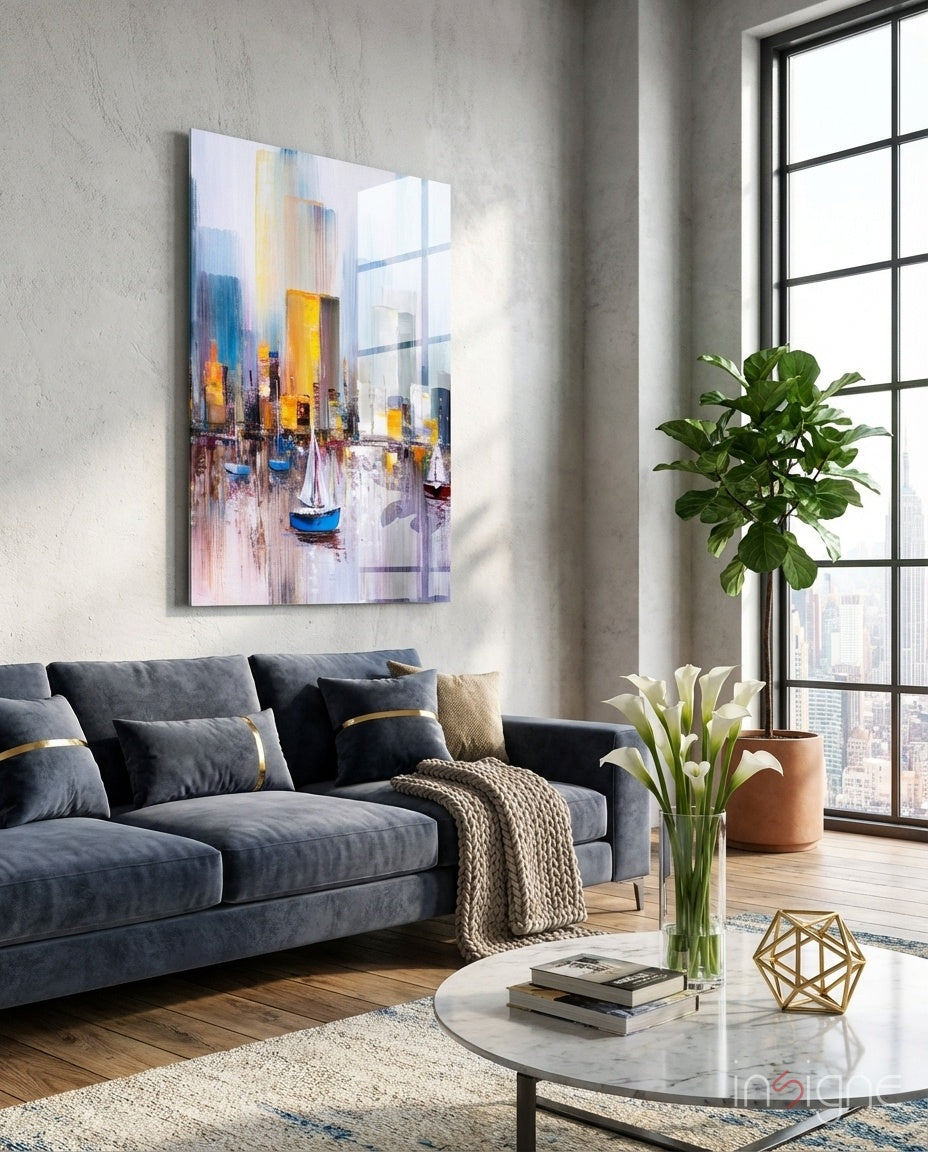 Harbor City Impressionist Glass Wall Art in cobalt and mustard tones