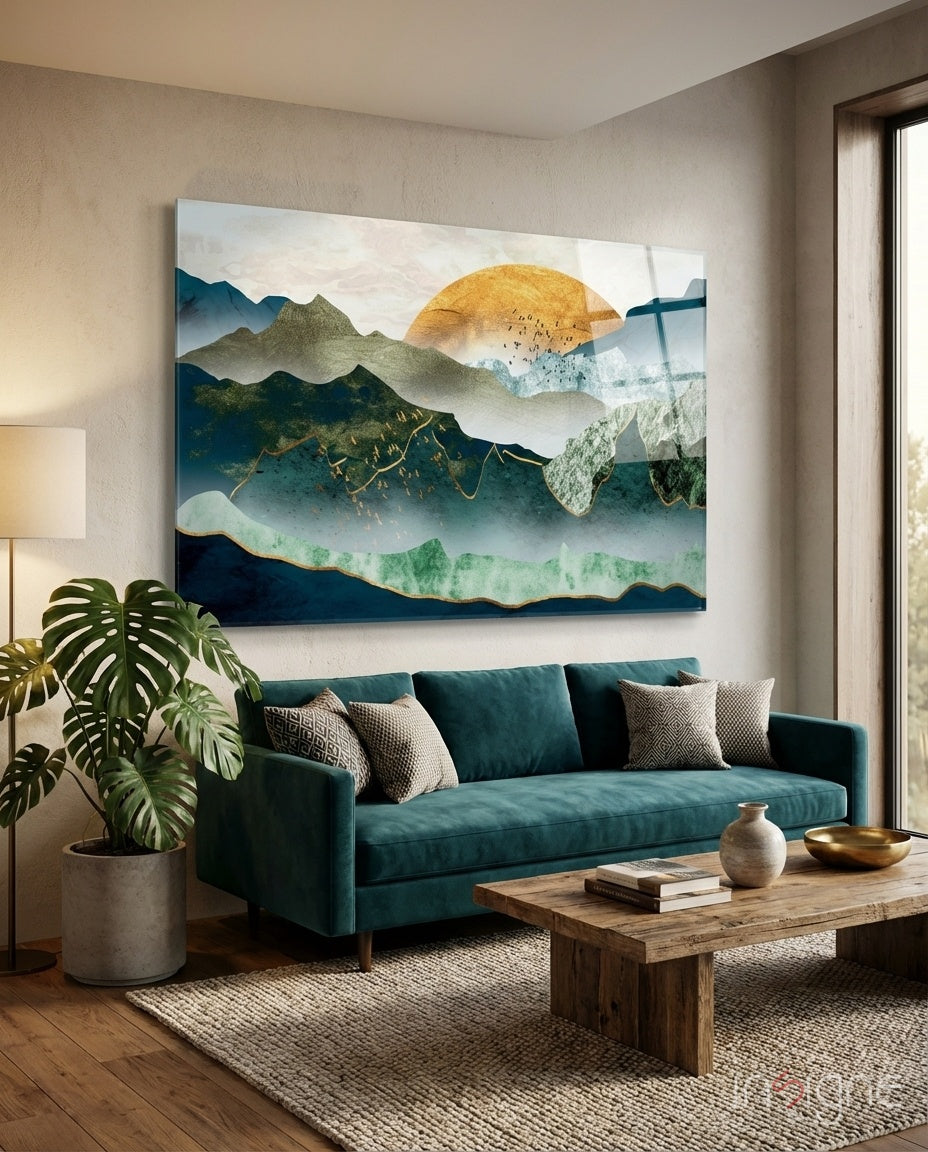 Gold Sun Layered Mountains Glass Wall Art
