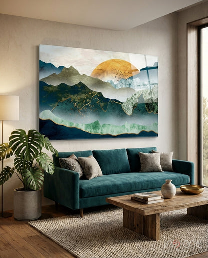 Gold Sun Layered Mountains Glass Wall Art