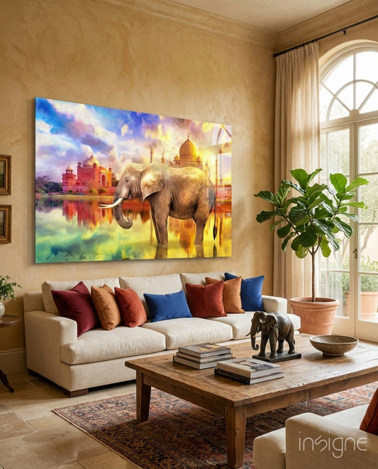 Indian elephant strides past golden palace domes in watercolor style, glass wall art