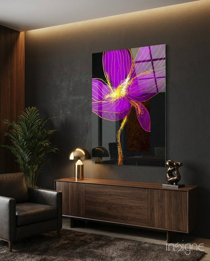 Neon purple flower gold splash glass wall art