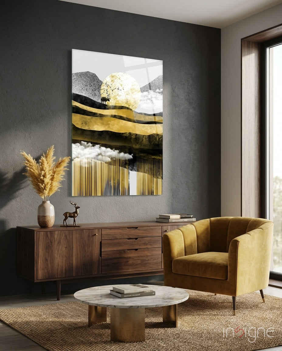Gold Moon Deer Glass Wall Art in gold and charcoal tones