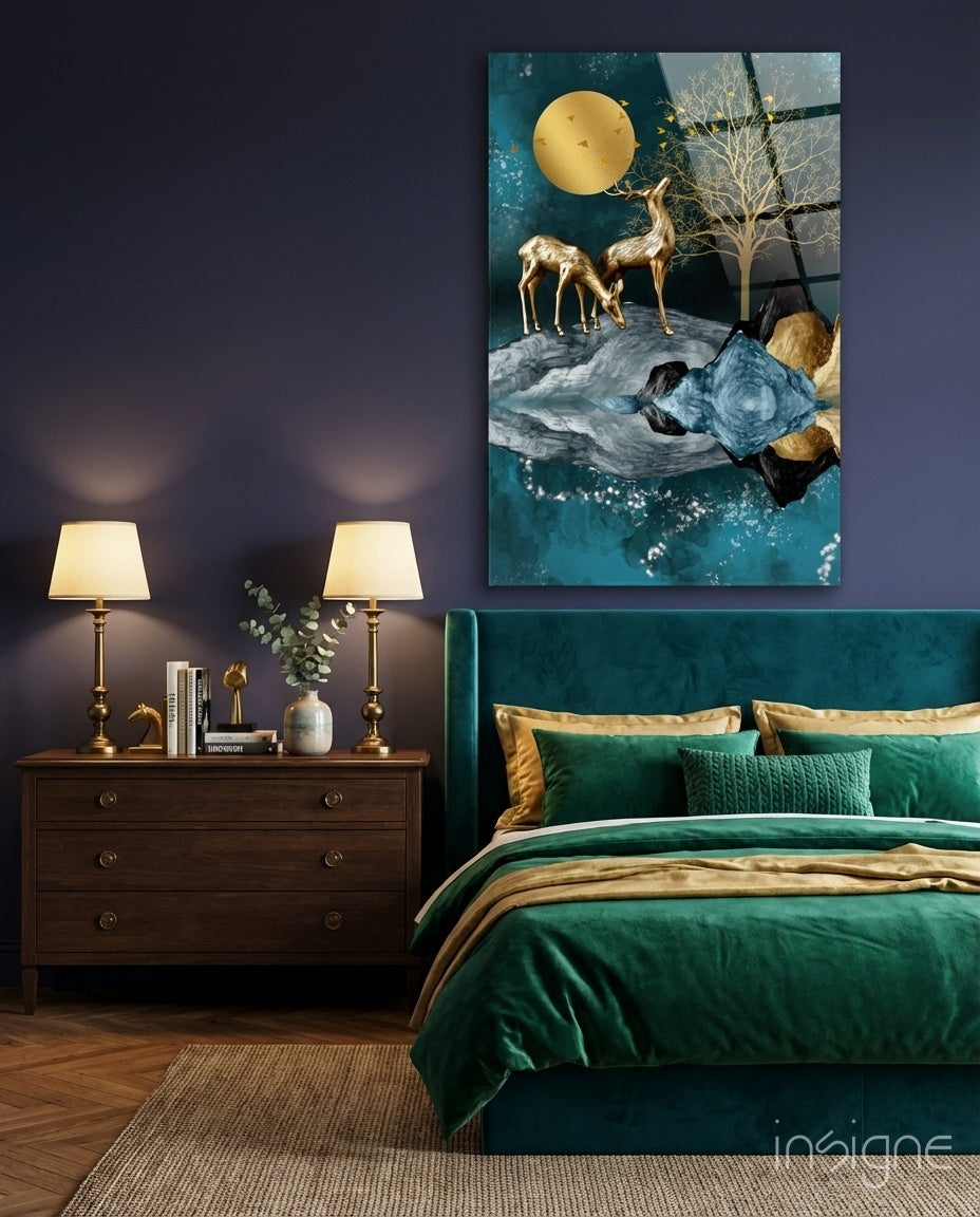 Golden Deer Teal Lake Moon glass wall art