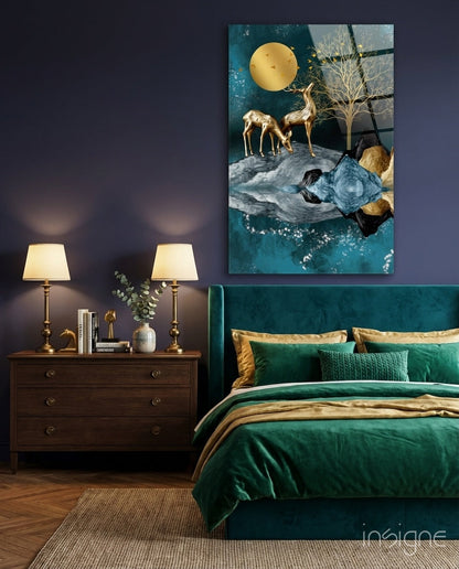 Golden Deer Teal Lake Moon glass wall art