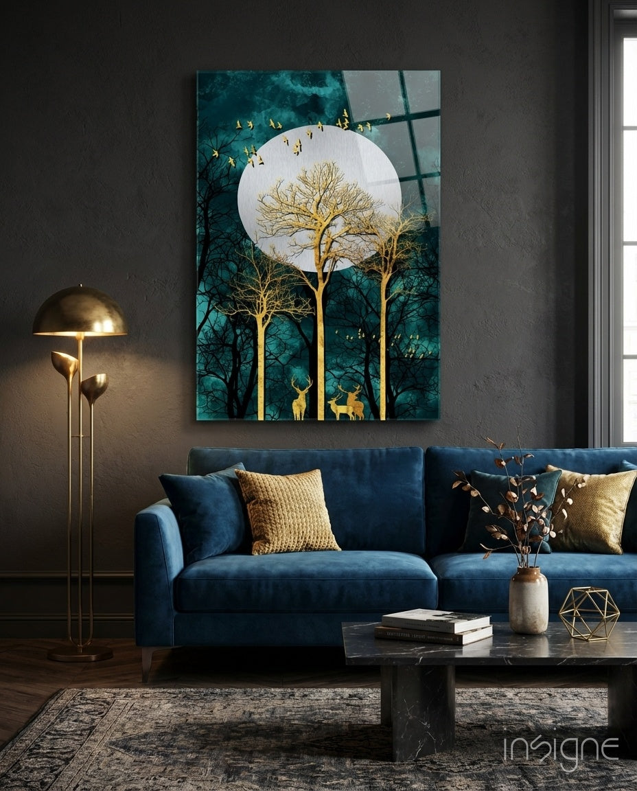 Gold Forest Deer Glass Wall Art