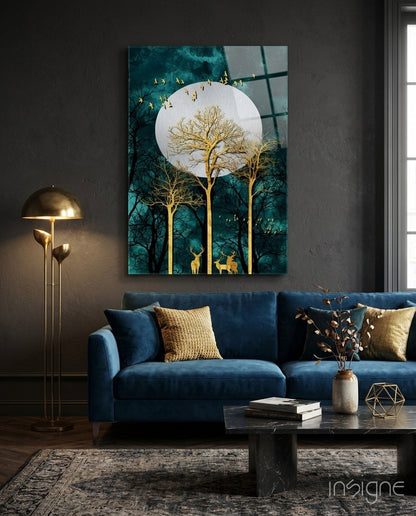 Gold Forest Deer Glass Wall Art