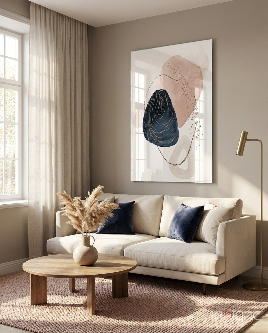 Boho Bloom glass wall art with navy inkblot and blush-pink shape