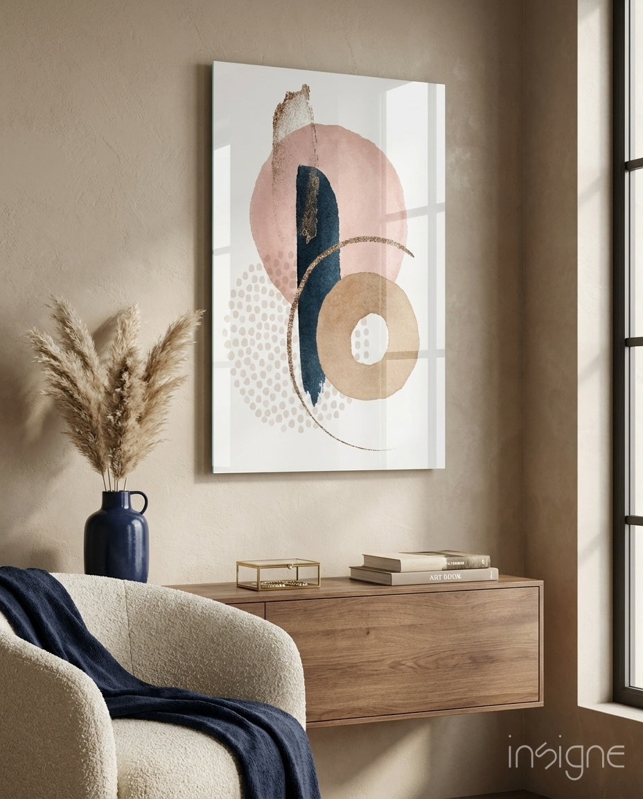 Blush navy boho abstract glass wall art