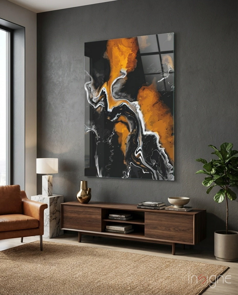Amber Marble Alcohol Ink Glass Wall Art in amber and charcoal tones