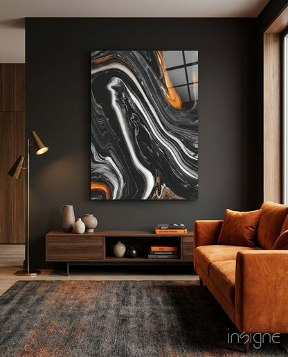 Black Wave Alcohol Ink Glass Wall Art in charcoal and amber tones