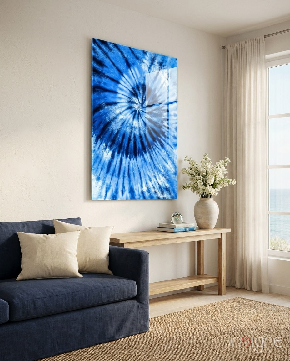 Blue Tie Dye spiral glass wall art