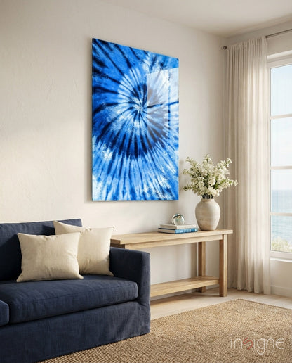 Blue Tie Dye spiral glass wall art