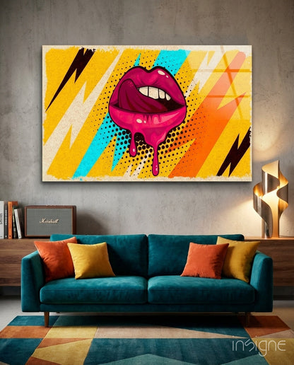 Pop art dripping lips glass wall art