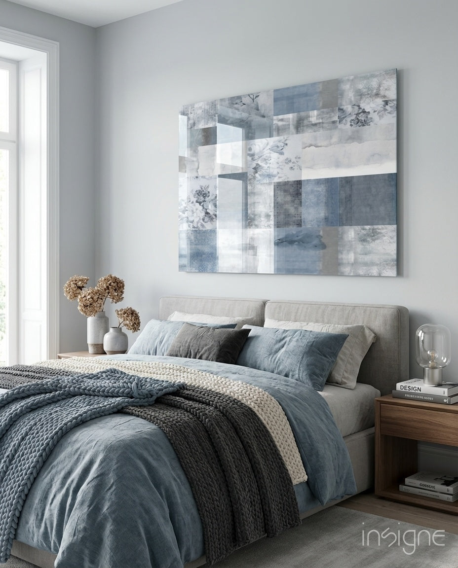Soft Patchwork Abstract Glass Wall Art in dove grey and pale blue