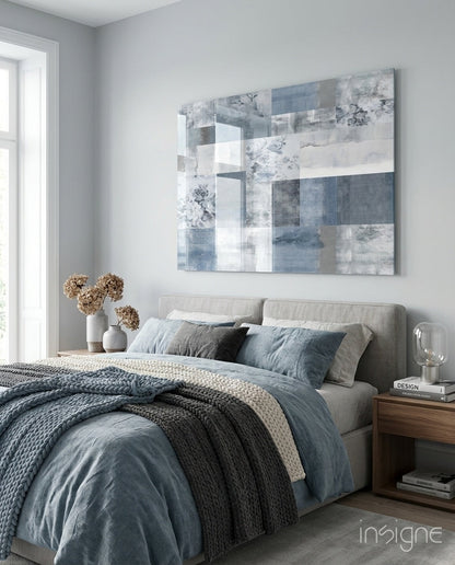 Soft Patchwork Abstract Glass Wall Art in dove grey and pale blue