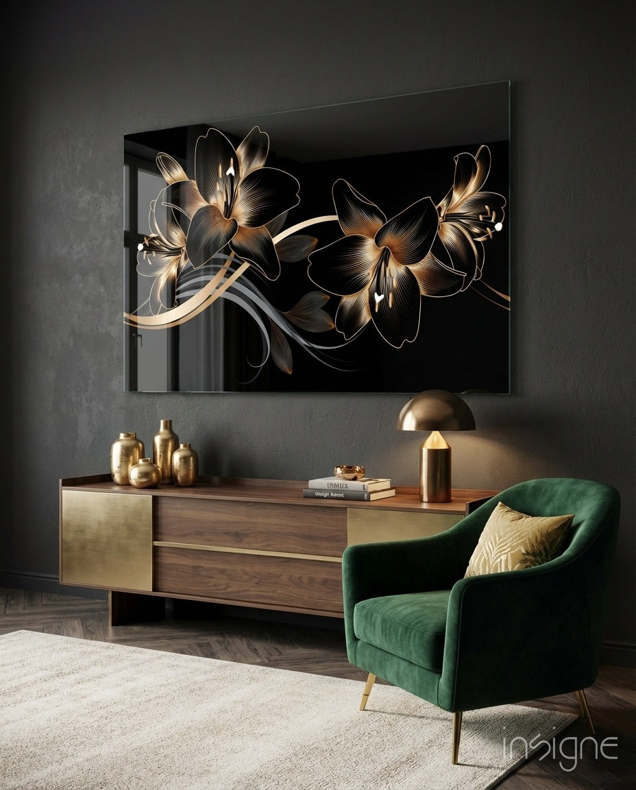 Golden Black Lily Glass Wall Art