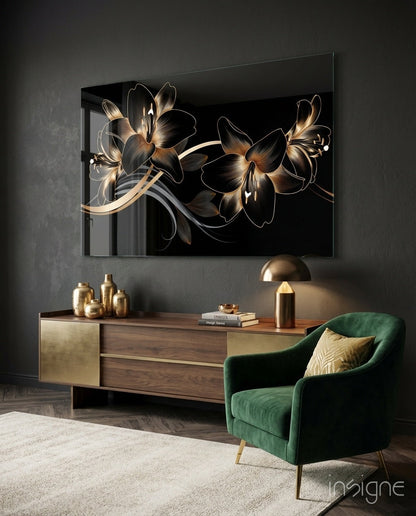 Golden Black Lily Glass Wall Art