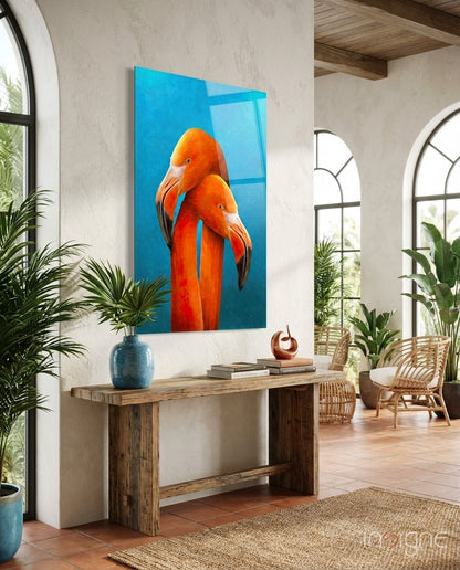 Orange flamingo pair glass wall art
