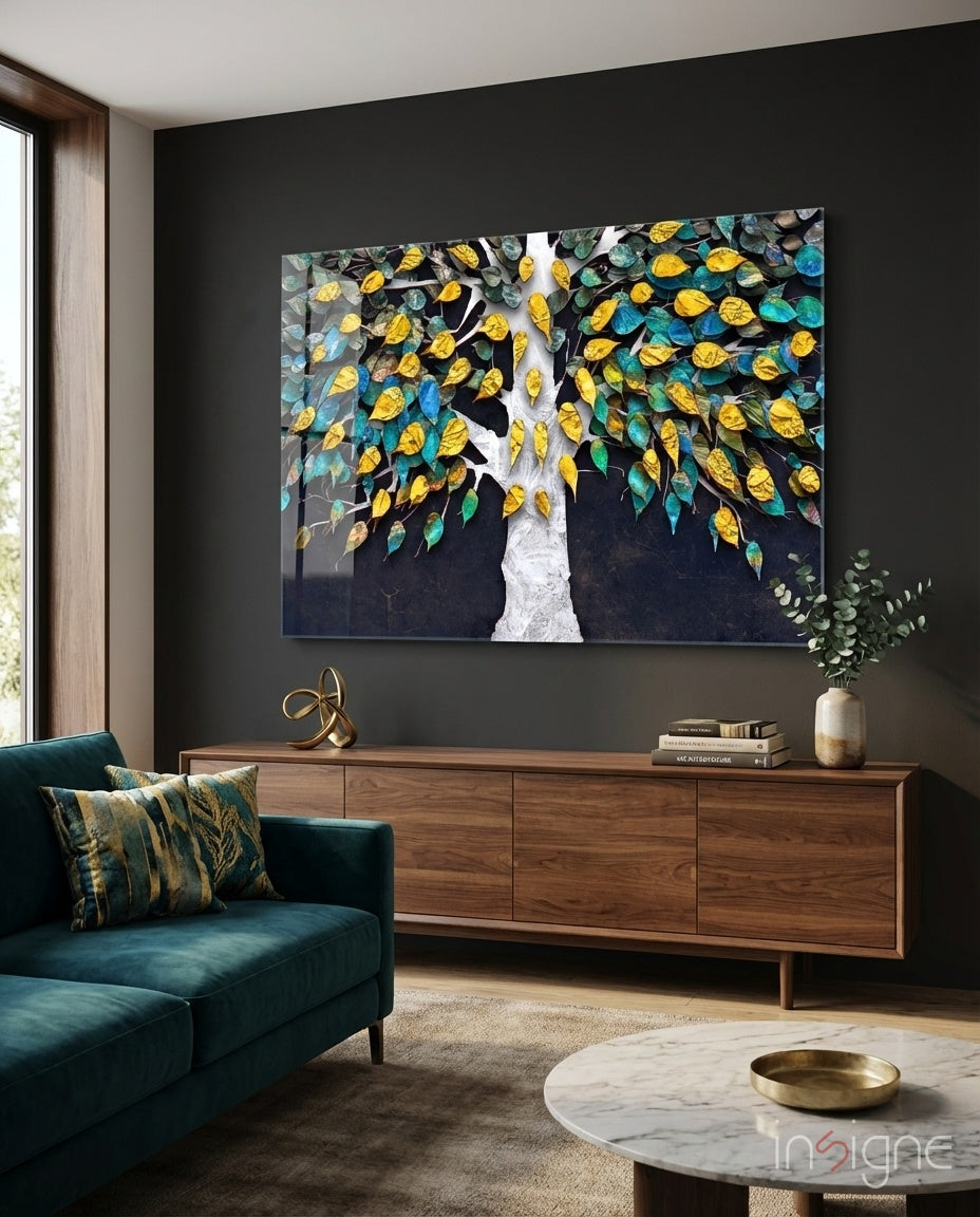 Jewel Tree Glass Wall Art with mustard and jade painterly canopy