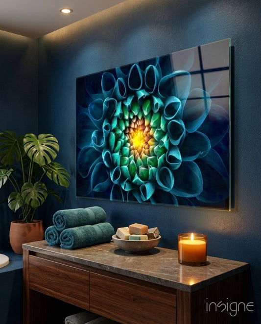 Glowing teal dahlia glass wall art