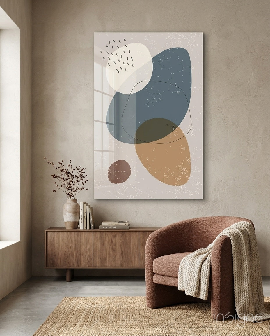 Pebble Stack boho glass wall art with navy and ochre watercolor pebbles