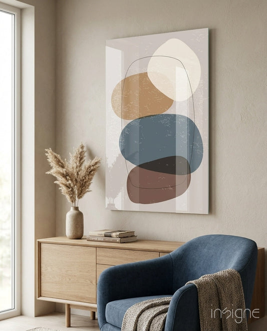 Boho Tower glass wall art with stacked ochre and navy pebble shapes