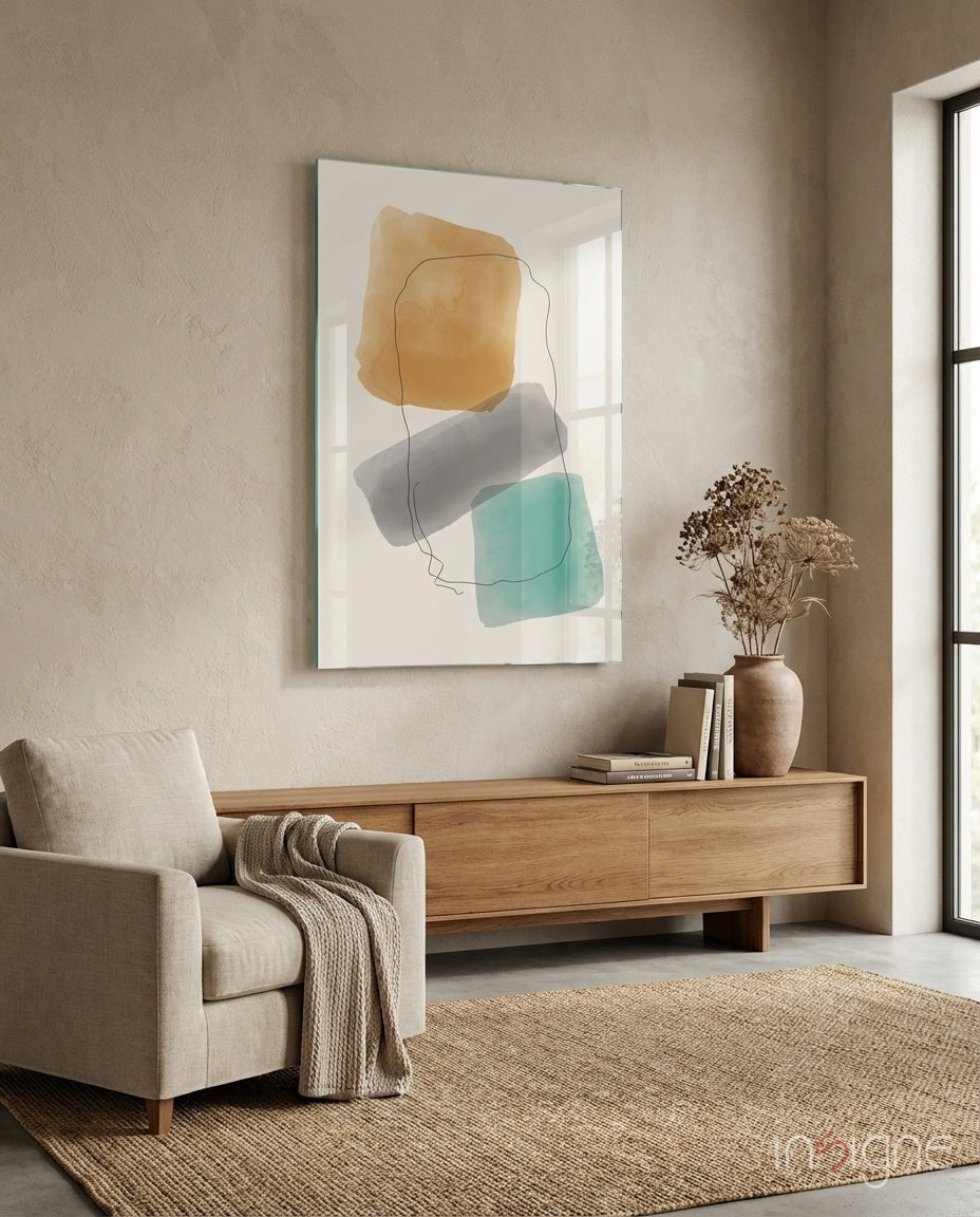 Soft Trio Glass Wall Art print with amber grey and teal squares