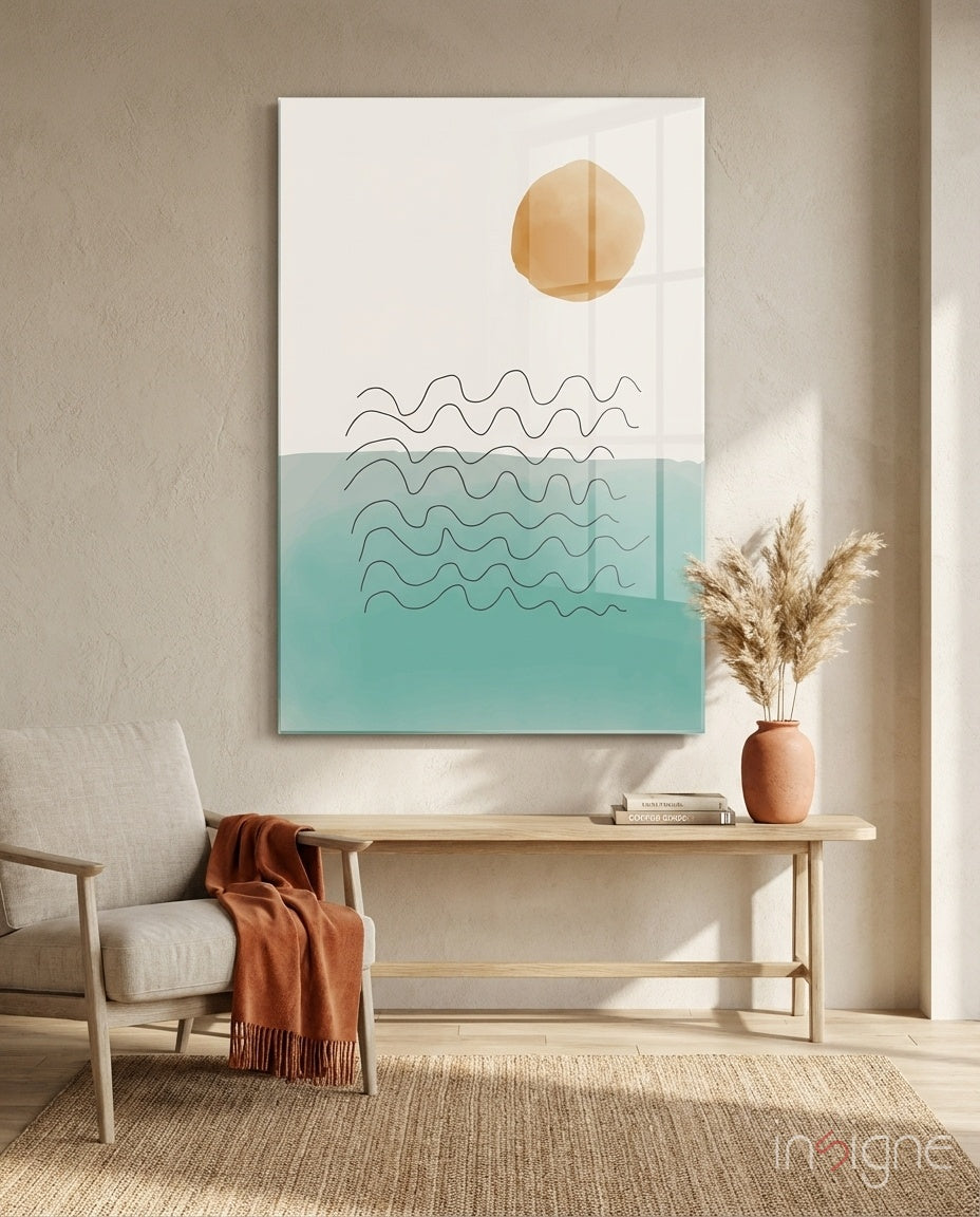 Coastal Sun glass wall art with amber sun over teal watercolor sea