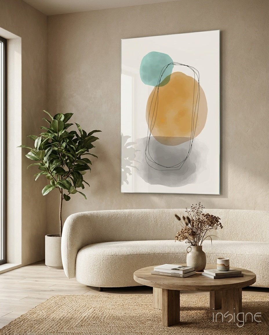 Sun and Moon abstract glass wall art with amber and teal overlapping orbs
