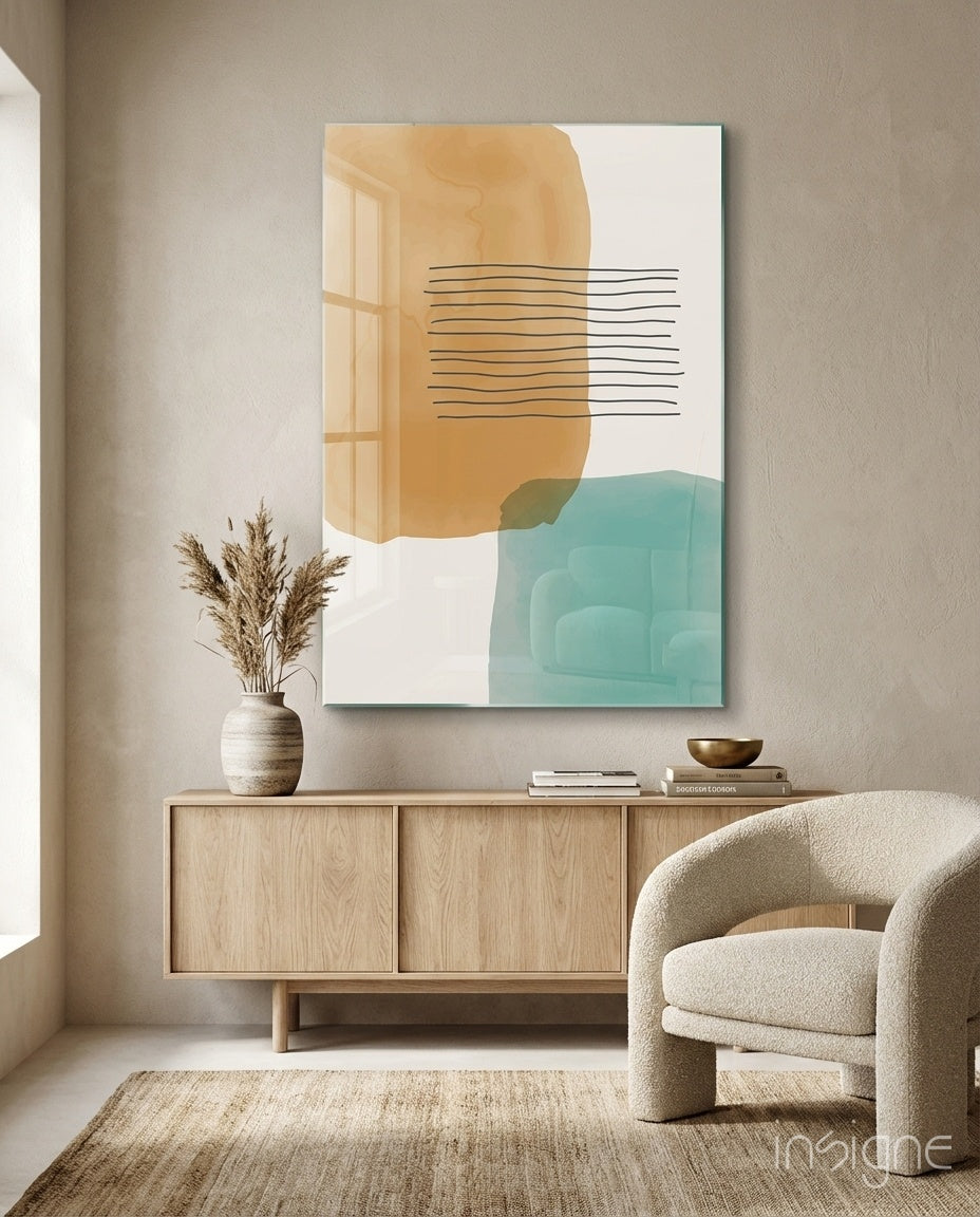 Striped Blocks abstract glass wall art with amber and teal watercolor blocks