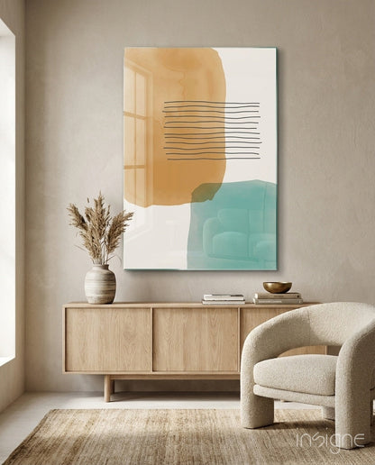 Striped Blocks abstract glass wall art with amber and teal watercolor blocks
