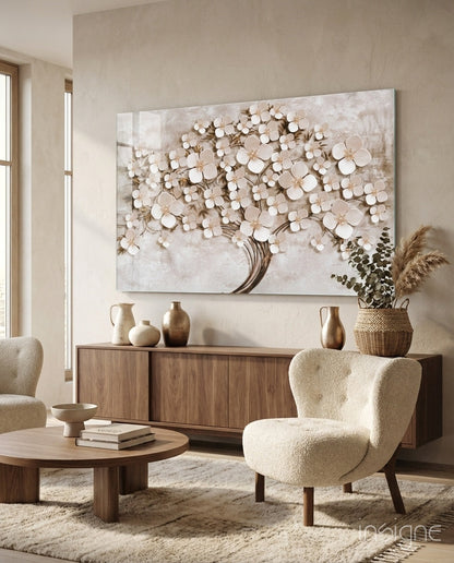 Ivory Blossom Tree Glass Wall Art with sculpted cherry-blossom petals