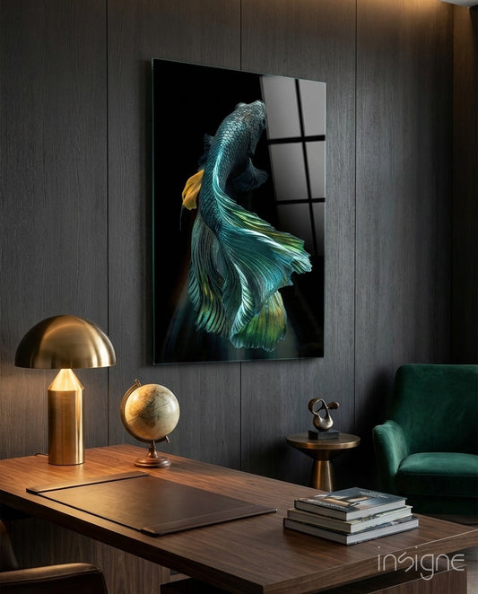 Iridescent betta fish glass wall art in teal and emerald