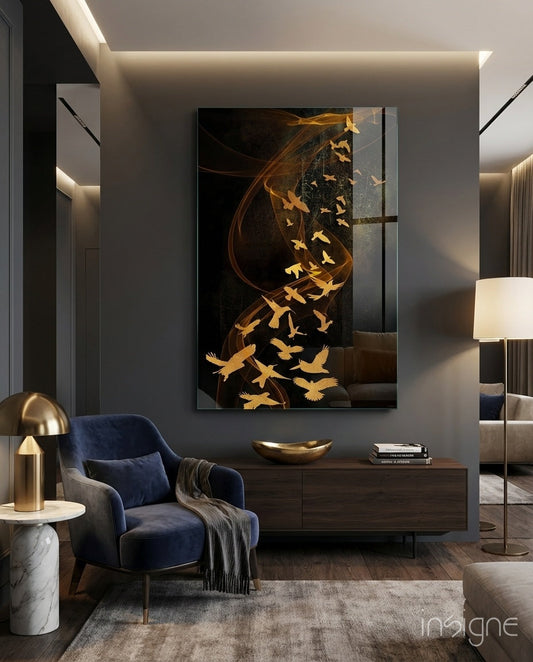 Gold birds in flight glass wall art on velvet black