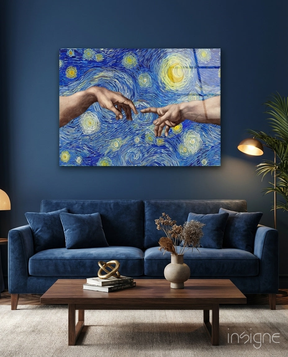 Creation of Adam Starry Night glass wall art pastiche