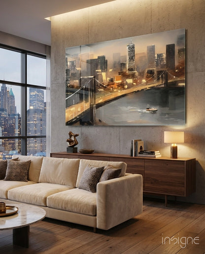 New York Bridge Glass Wall Art Manhattan skyline at golden hour